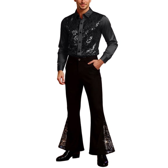 QHFBli Men's Sequin Shirts and Flare Pants Set Glitter Boot Cut Dance Rave 70s Disco Outfits Formal Suits