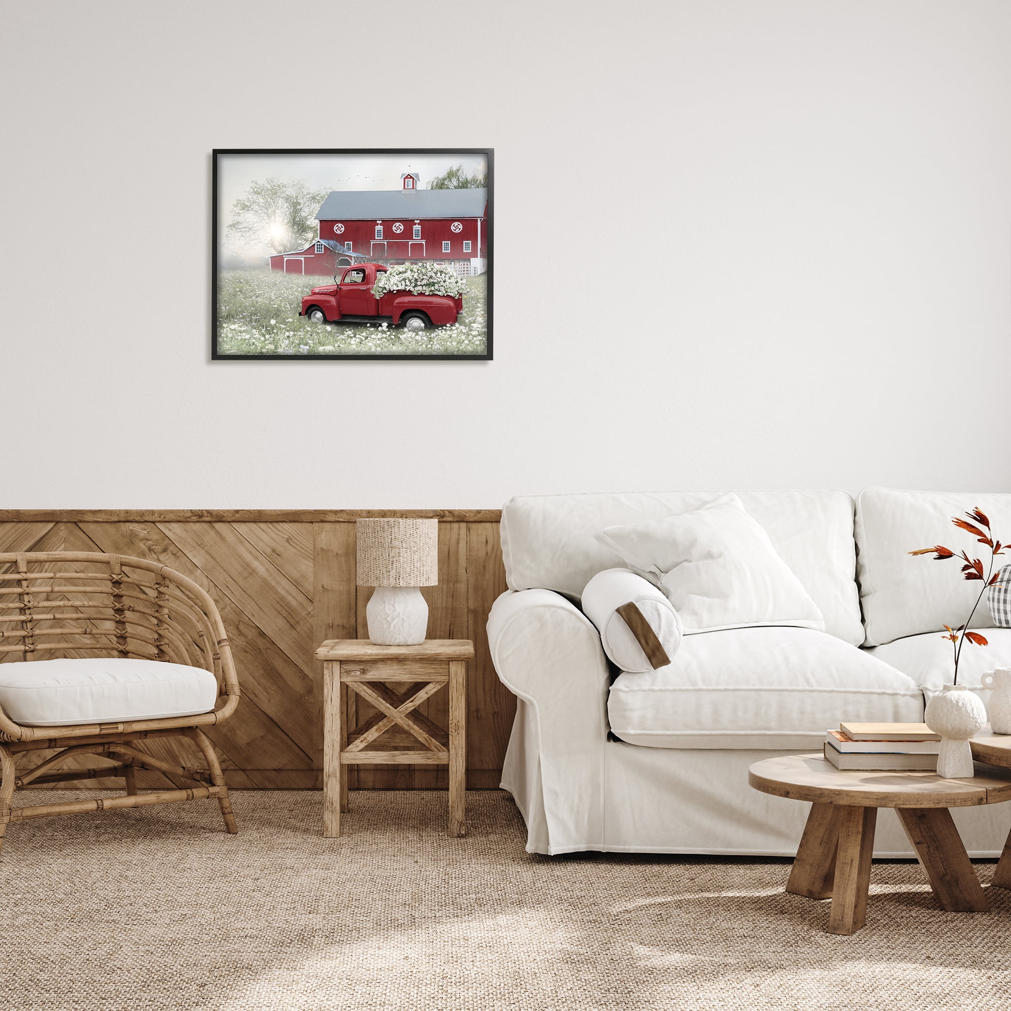 Stupell Red Truck Floral Country Meadow Transportation Painting Black Framed Art Print Wall Art