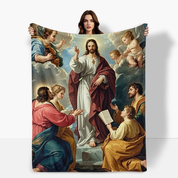 Jesus Cross White Clouds Yellow Flannel Blanket Soft Warm Comfortable For Sofa Bed Travel Camping Living Room Office Chair Polyester Fiber Gift For Family Or Friends