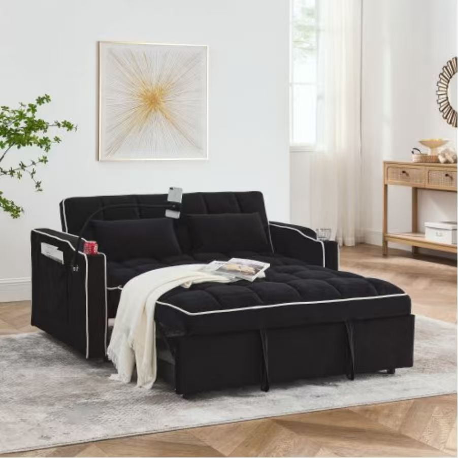 Howcool 54" Convertible Sleeper Sofa Bed, Pull Out Loveseat Couch with USB Port, Phone Holder & Cup Holder, Adjustable Backrest, Velvet Sofa for Living Room, Apartment, Black