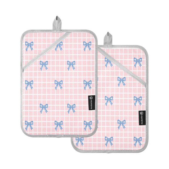Two Pieces Of Square Heat Insulation Pad Oven Mitts Blue Bowknot Check 7x9.8 Inch Oven Microwave Kitchen Cooking Baking