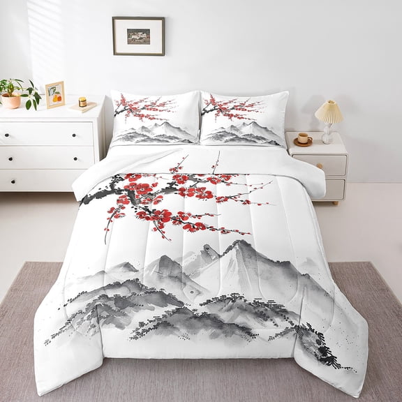 Japanese-Style Comforter Set Red Cherry Blossoms Printed Down Comforter,Adult Women Mount Fuji Pattern Quilted Duvet Ink Painting Black White Stylish Simple Soft Breathable Duvet Insert, Queen
