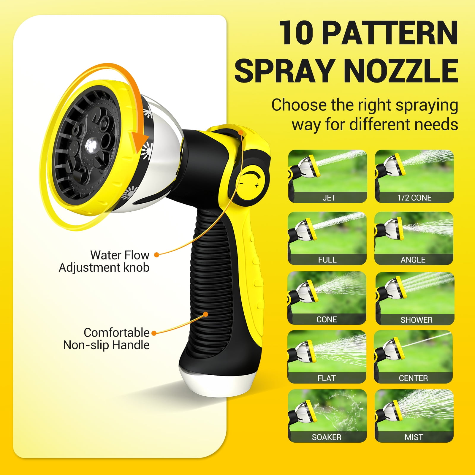 Gewna 5/8''x 200 ft Heavy-Duty Garden Hose Burst Proof Rubber 3 Layer Water Hose with 10 Pattern Spray Nozzle