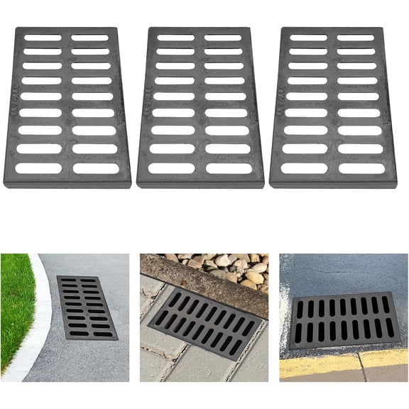 3Pcs Outdoor Channel Drain Grate 19.7x11.8x1.2 Inch Cast Iron Trench Cover Channel Drainage Cover, Drain Grates for Yard Fence Sewer Sidewalk Patio Pool Decks, 11023lbs Load Capacity