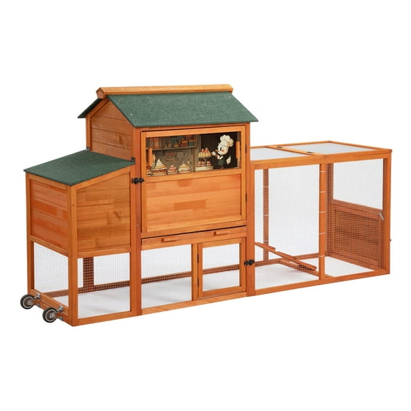ZephyPaws 83in Mobile Chicken Coop with Nesting Box,Hen House Outdoor for 2-3 Chickens,Wooden Poultry Cage with Wheels,Run,Sunroom,Orange