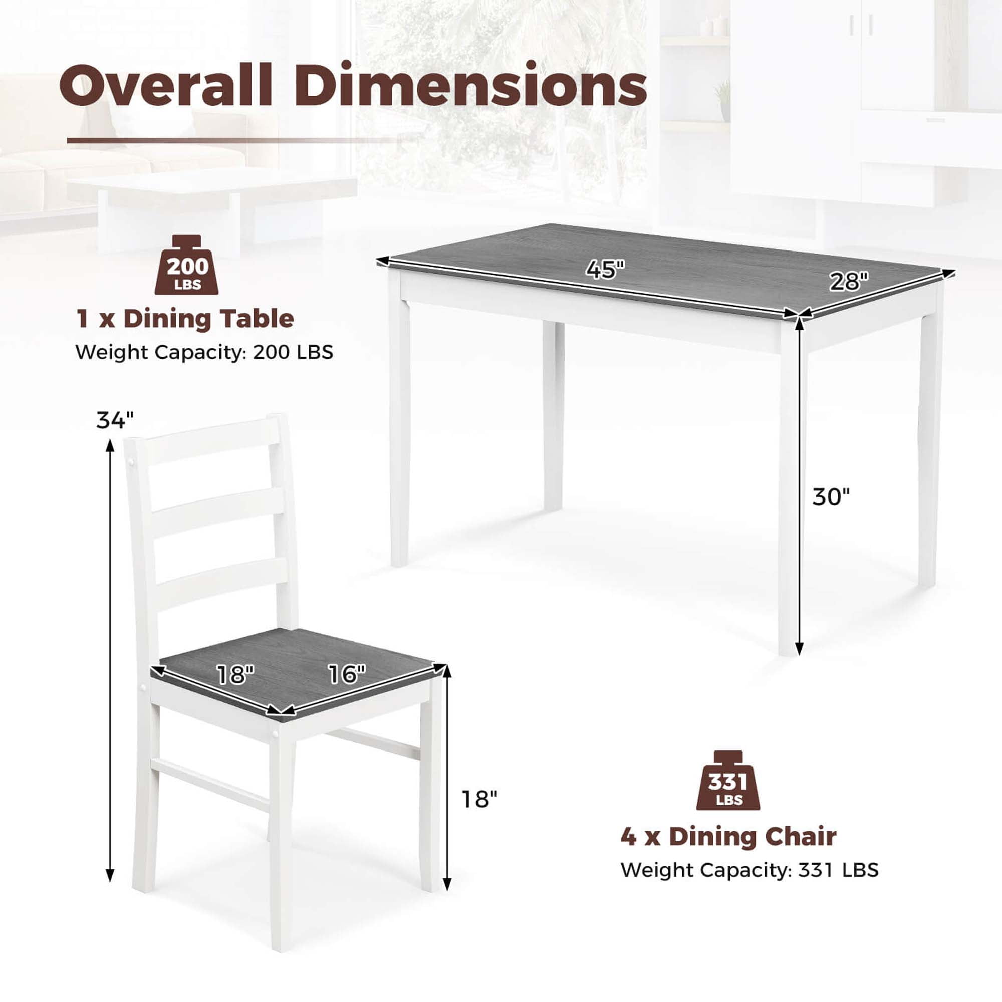 Costway 5-Piece Dining Set Solid Wood Kitchen Furniture with Rectangular Table & 4 Chairs Grey