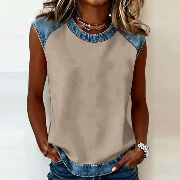Lumtrix Sleeveless Tops For Women Dressy Summer Print Faux Denim Patchwork Tank Top Crewneck Loose Fit Tunics Blouses Vacation ShirtsKhaki 3XL