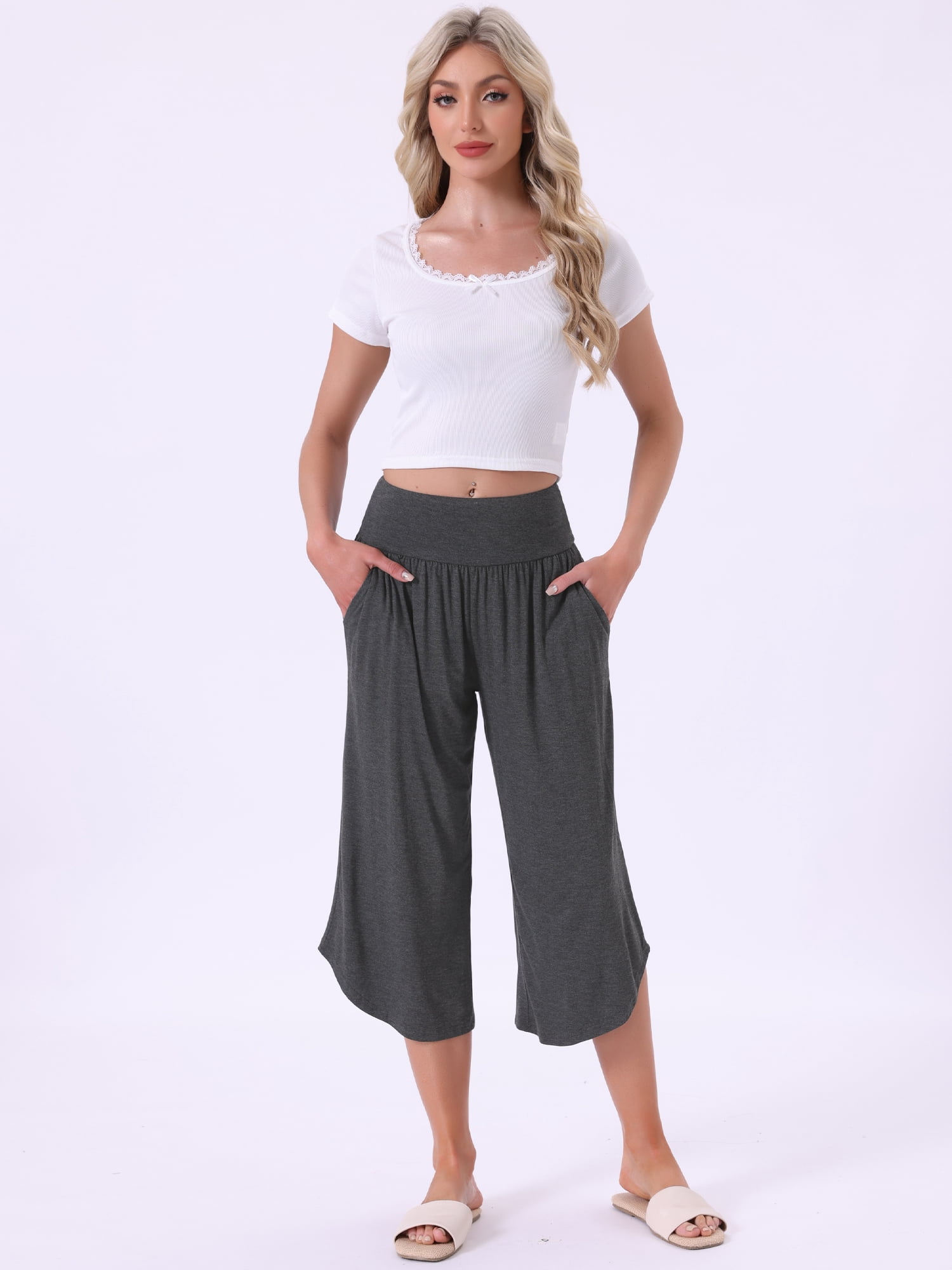 DARING DIVA Women's Capri Lounge Yoga Cropped Summer Casual Wide Leg Pants XL Gray