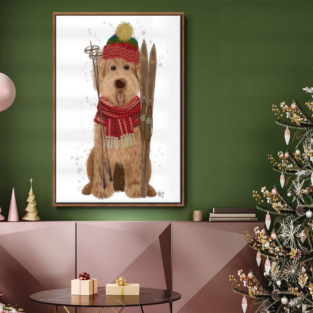 Goldendoodle Ski Dog - Framed Gallery Wrapped Holiday Canvas - 25 x 37 - Rosewood Frame