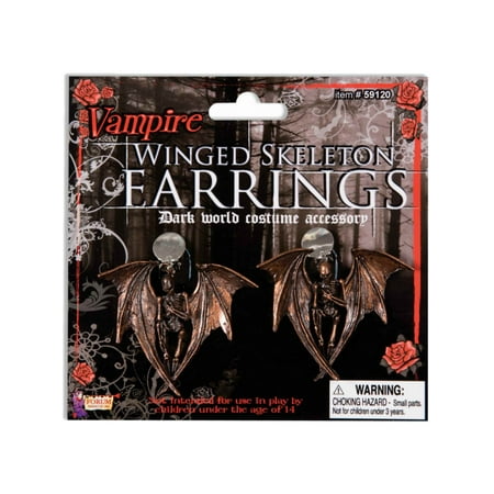 Womens Bronze Gothic Winged Skeleton Earrings Costume Accessories