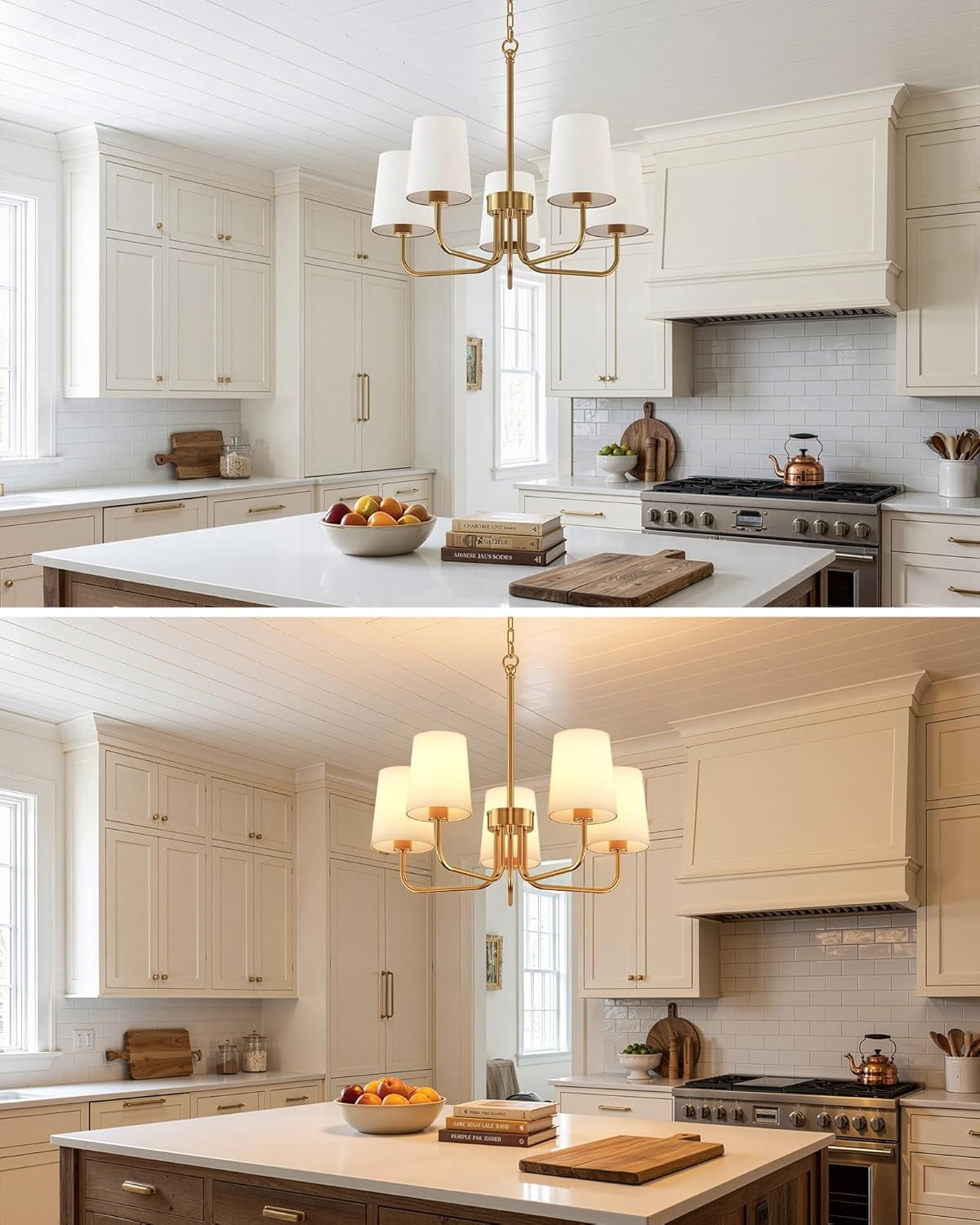 25" Farmhouse Chandelier with Fabric Shade,5-Light Chandelier Lighting Fixture for  Kitchen, Dining Room，Gold