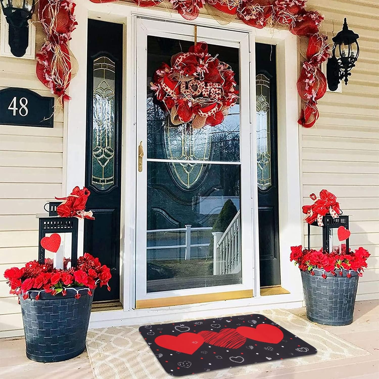 Valentine''s Day Area Rug, Red Heart Doormat, Love Heart with Black Background Floor Mat with Rubber Backing Non-Slip for Bedroom Living Room Valentines Decoration Gift, 18 x 30 Inch