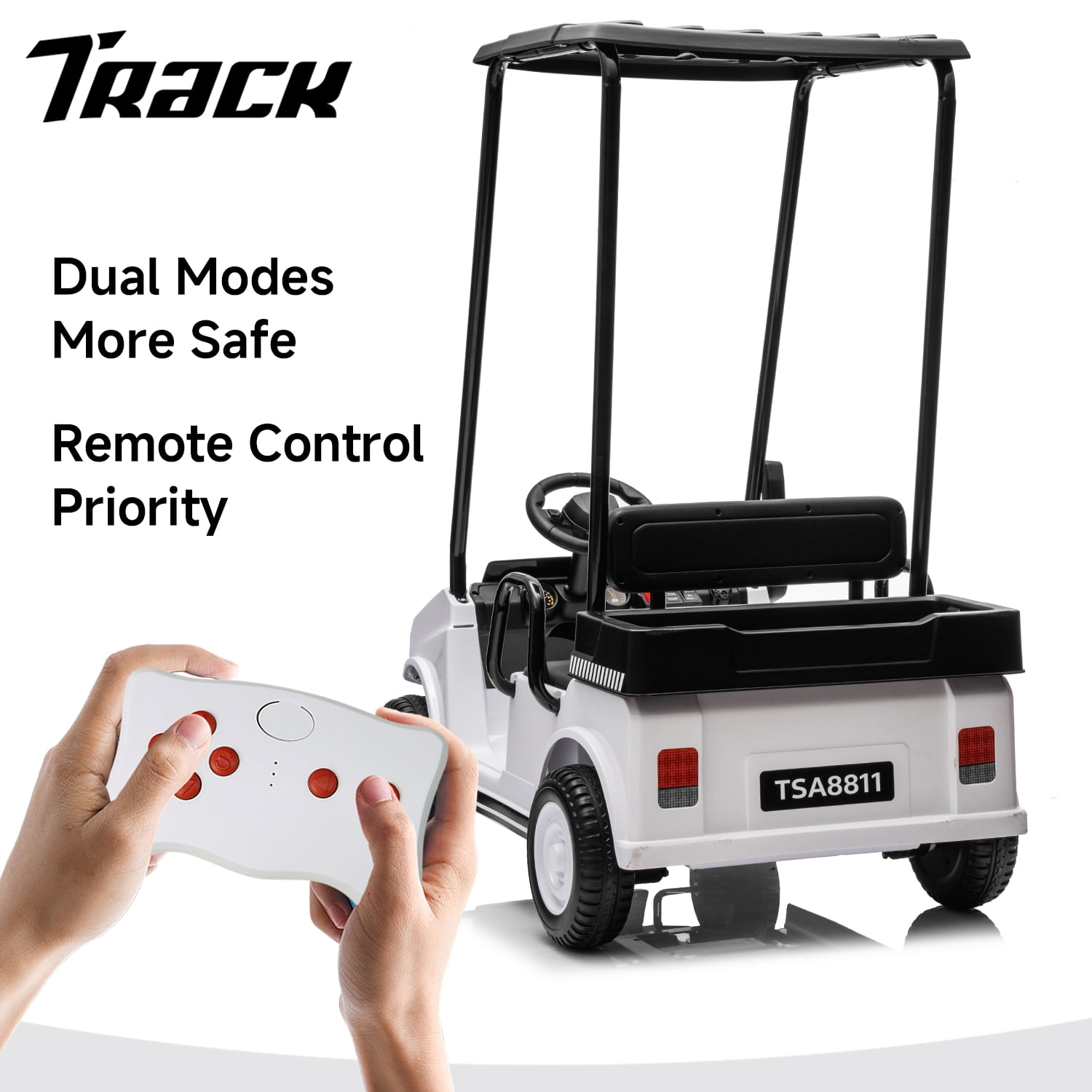 Track 7 24V Ride on Car, Electric Golf Cart with Ceiling, Ride on Truck with Remote Control, Music, Rear Storage Box, Electric Car for Boys Girls Age 3+, 18.5" Large Seat with Armrests, White