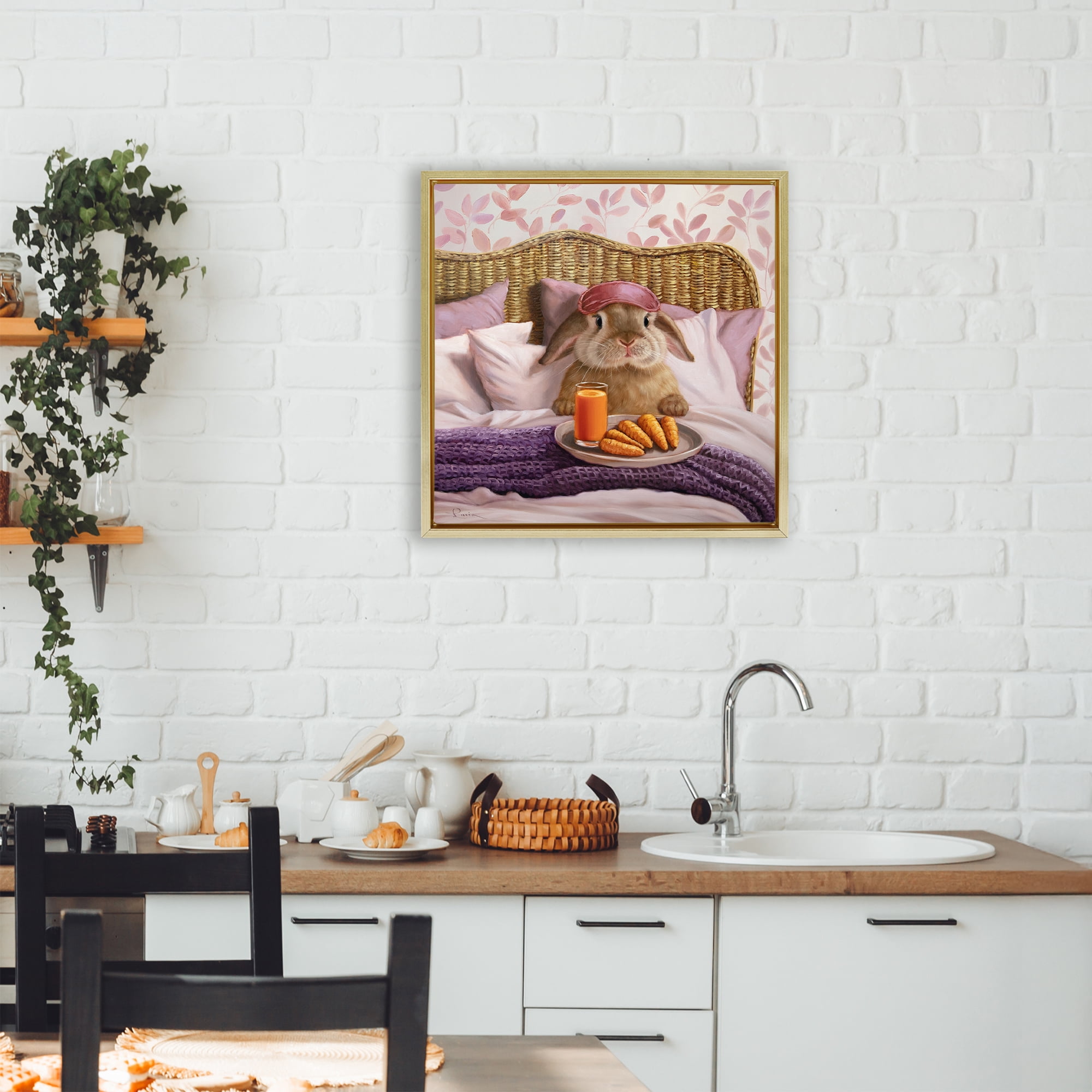 Stupell Industries Hoppy Meal Bunny in Bed Gold Framed Floater Canvas Wall Art, design by Lucia Heffernan