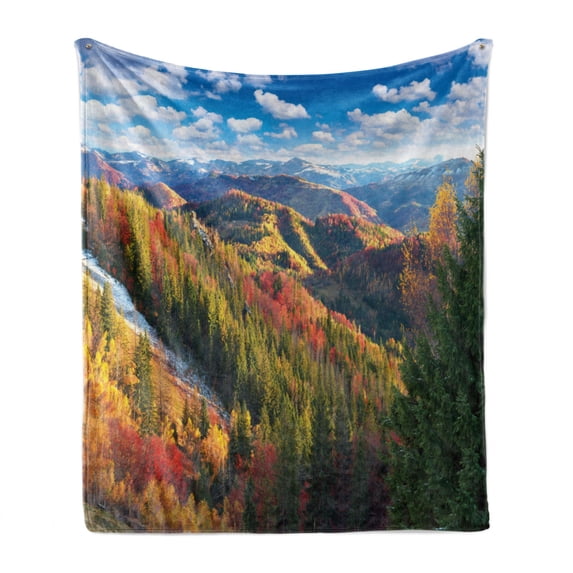 Aspen Tree Soft Flannel Fleece Throw Blanket, Carpathians Autumn Mountains Valley Forest Idyllic Highlands Sunrise Scenery, Cozy Plush for Indoor and Outdoor Use, 70" x 90", Multicolor, by Ambesonne
