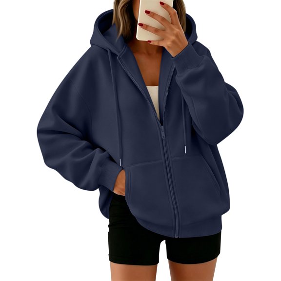 Womens Zip Up Hoodies 2026 Y2K Casual Long Sleeve Zipper Sweatshirts Fall Winter Trendy Track Jackets With Pockets Navy XL