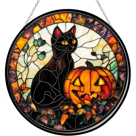 Customized Black Cat Halloween Mosaic Stained Glass Window Hanging Sun Catcher Halloween Haning Ornament Decoration Christmas Birthday Gifts for Lover Friends Mother