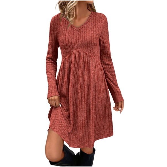 LMKIHUSA Fall Knit Dresses for Women Casual Trendy 2025 Tunic Dress Long Sleeve V Neck Dresses Empire Waist Babydoll Soft Dress with Pockets Orange,M
