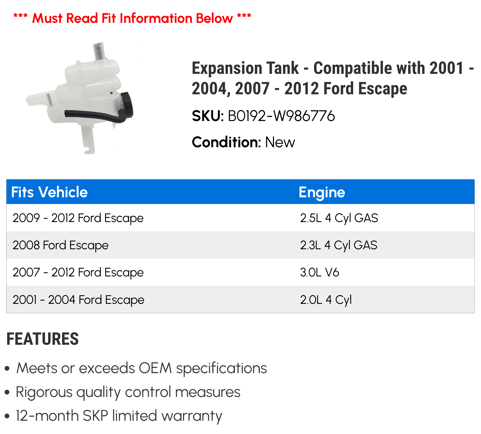 Expansion Tank - Compatible with 2001 - 2004, 2007 - 2012 Ford Escape 2002 2003 2008 2009 2010 2011