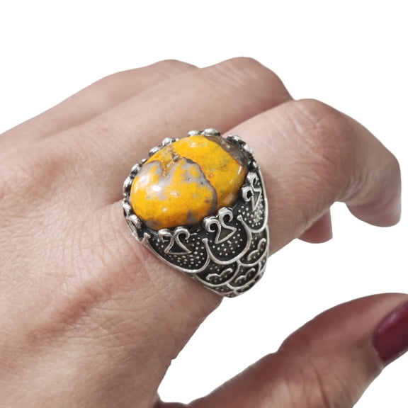 Bumblebee Jasper Mans Ring, Natural Bumblebee Jasper, Silver Jewelry, 925 Silver Ring, Birthday Gift, Heavy Mens Ring, Arabic Design, Ottoman Style Ring, Christmas, Turkey Mens Signet Ring
