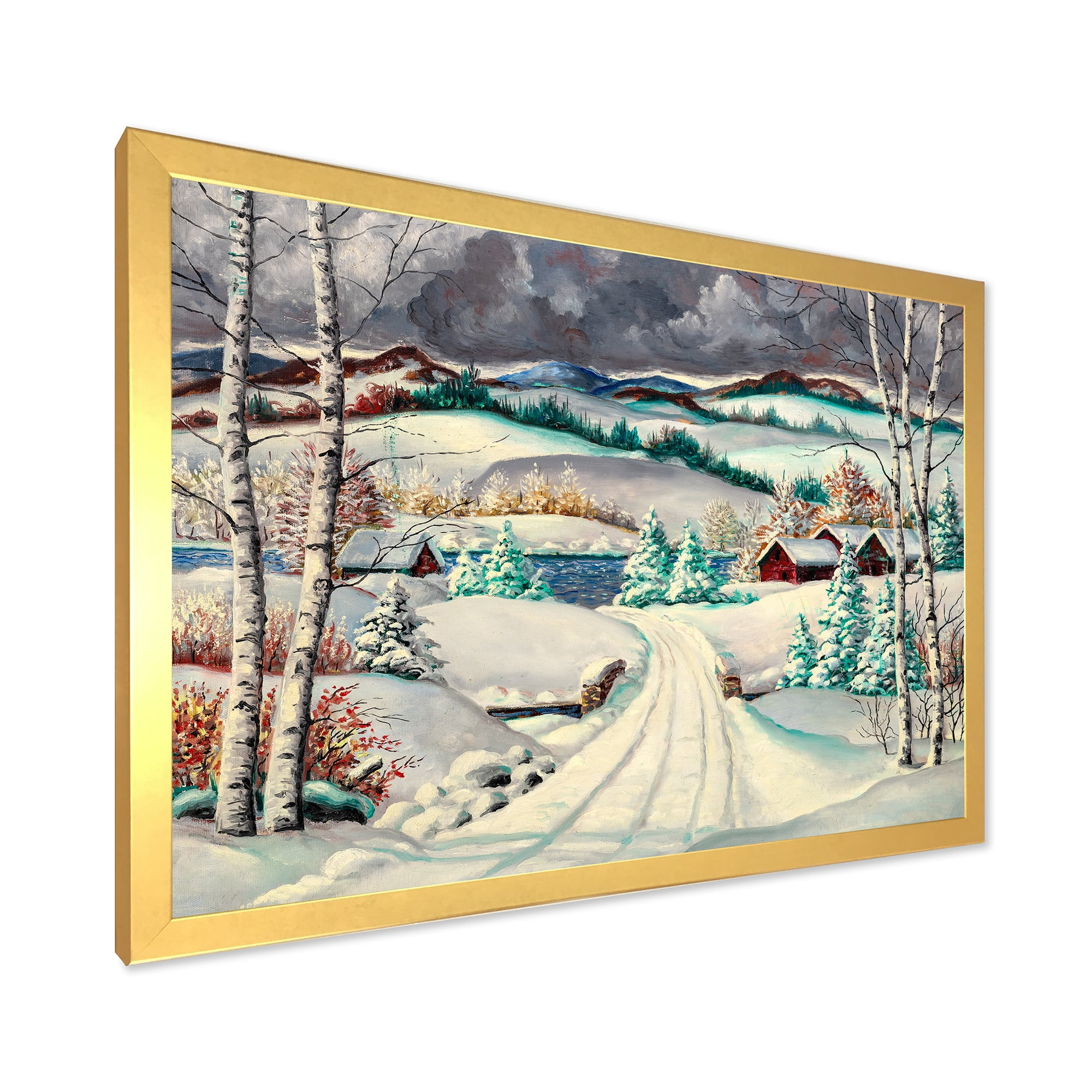 Designart 'Snowy Road In Countryside Winter Landscape' Traditional Framed Art Print