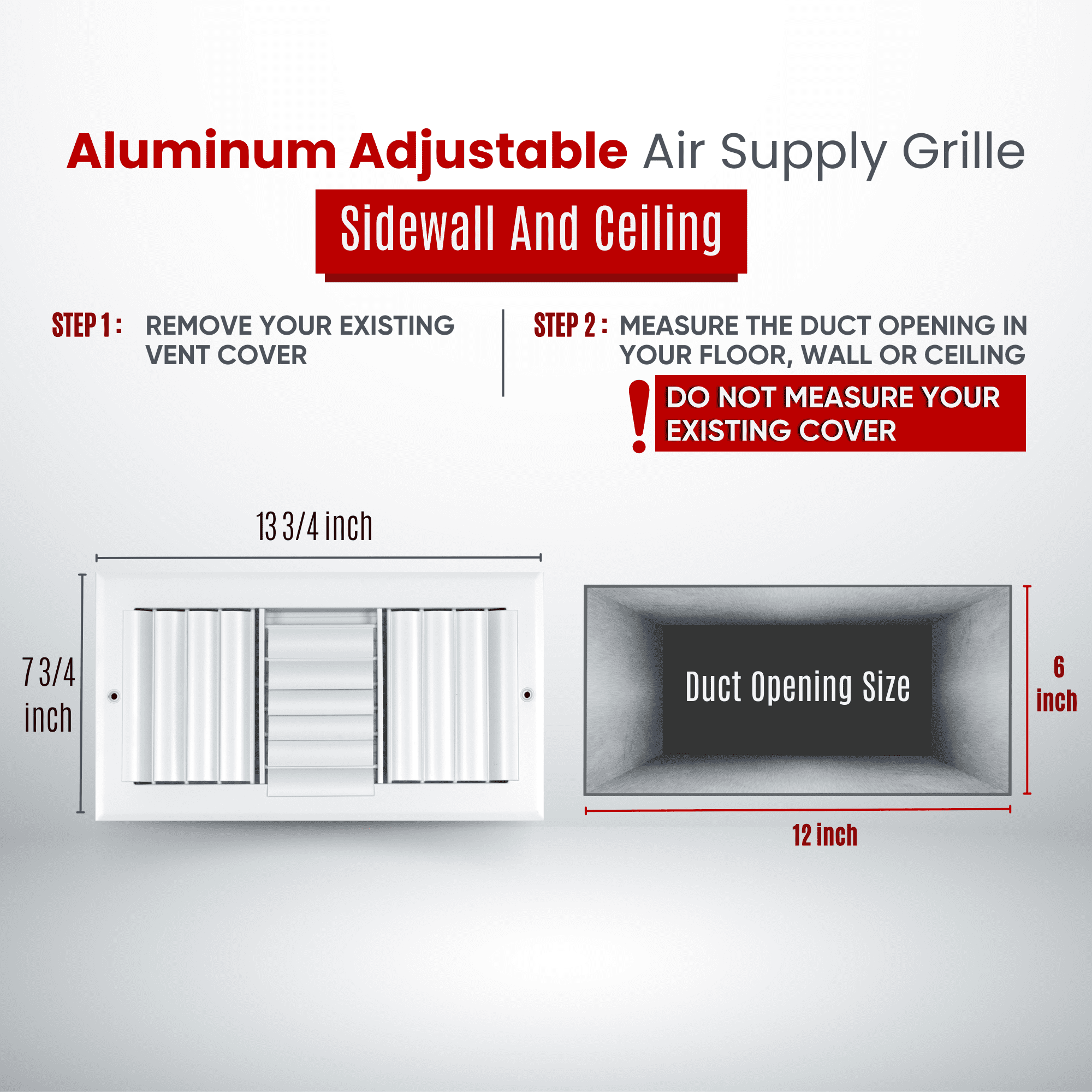 Fits 12x6 Duct Opening Aluminum 3-WAY Adjustable Air Supply Grille by Handua | Curved Blade Register Vent Cover for Sidewall & Ceiling | White | Outer Size: 13.75" X 7.75"