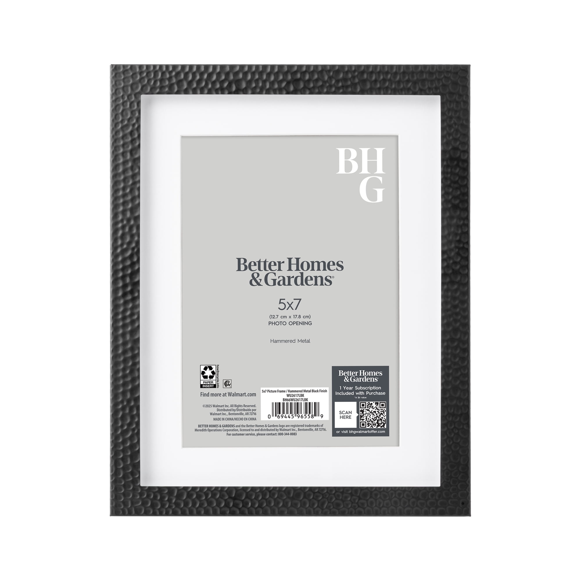 Better Homes & Gardens Picture Frame, 5 x 7 Matted or 7 x 9 Unmatted, Black Hammered Metal, Tabletop