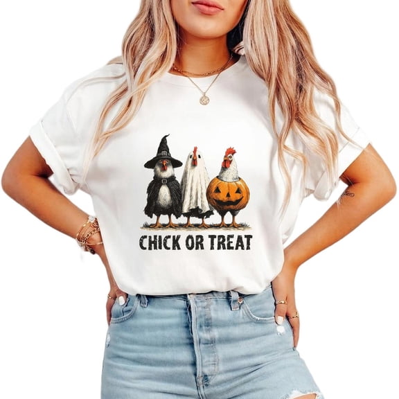 Retro Halloween Chicken Graphic Tees Funny Spooky Chicken Tops Short Sleeve Casual Pumpkin Print T-shirts Cotton Shirts for Daily Outfits White,M