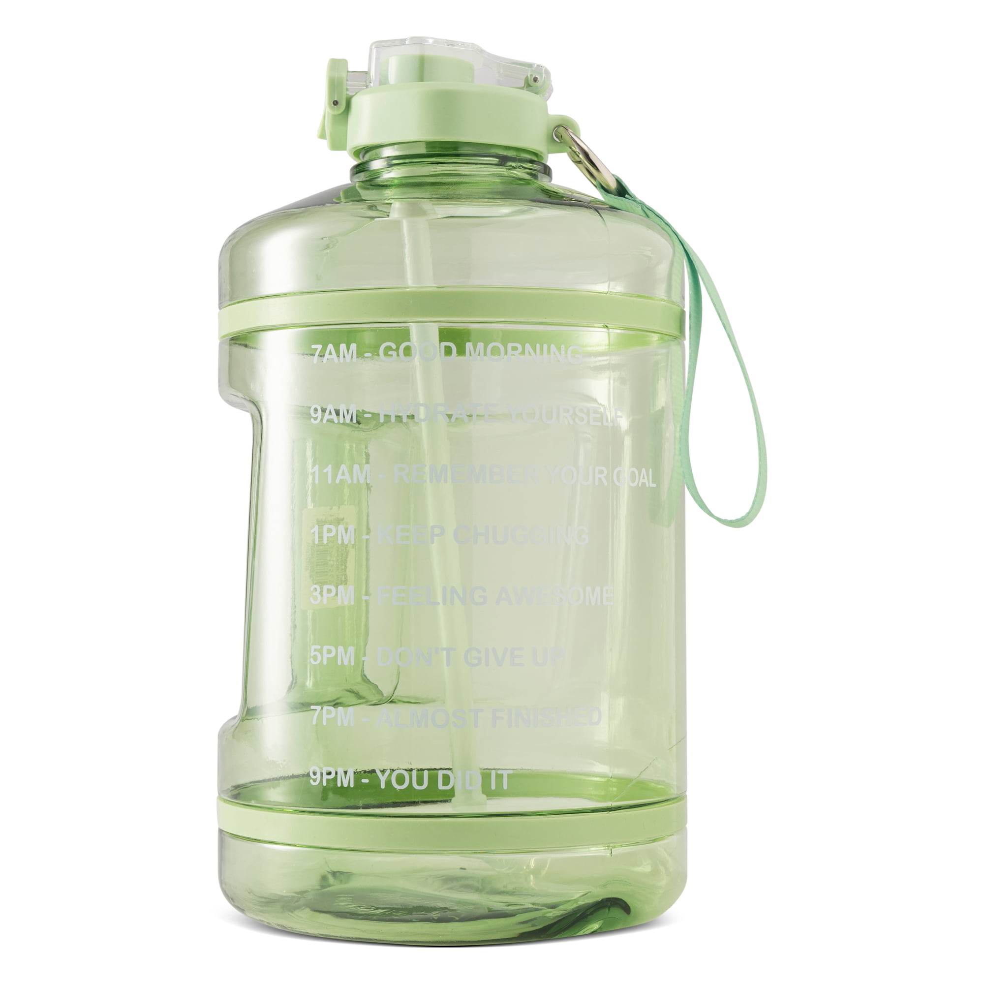 TAL Motivational Gallon Jug Water Bottle with Handle, Push Button Lid & Straw, Neoprene Sleeve, Easy-Carry Strap, Green Palms