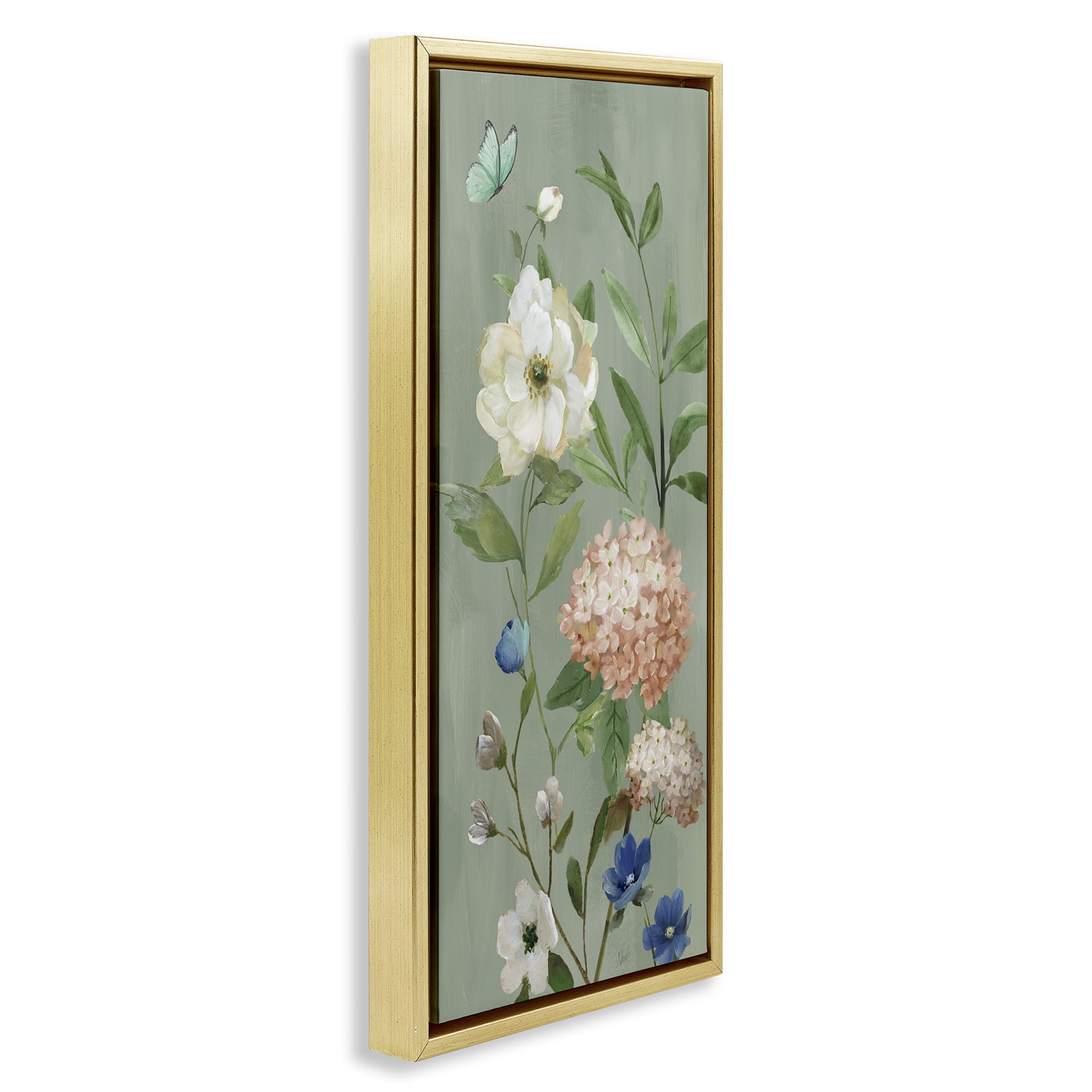 Stupell Industries Mint Floral Cluster & Butterfly Gold Framed Floater Canvas Wall Art, design by Nan