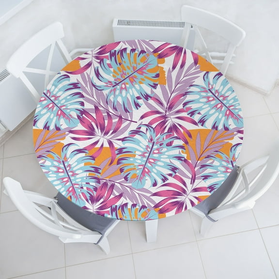 Ambesonne Exotic Leaves Fitted Round Tablecloth, Colorful Summer Fun, 56"- 60" Diameter, Apricot Pale Purple Pink