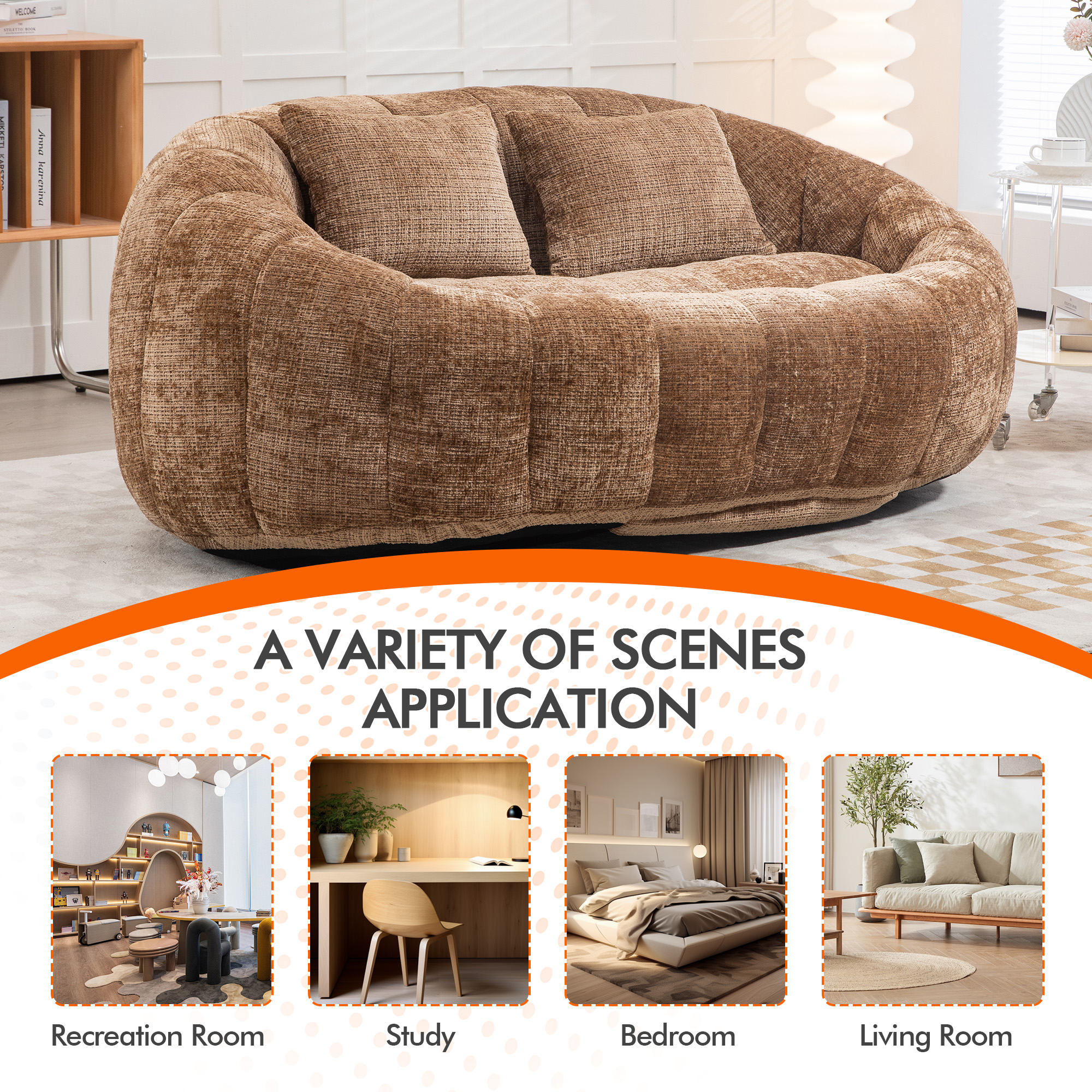 59''W Chenille Loveseat Sofa Small Couch Oversized Bean Bag Chair, Modern Lounge Loveseat Sofa with 2 Pillows,Bean Bag Couch Floor Lazy Sofa for Living Room Bedroom Apartment (Brown)