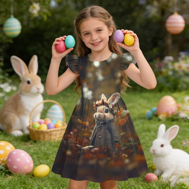 Cute Easter-print Dress With Small Flying Sleeves For Children Aged 3-10 In Summer