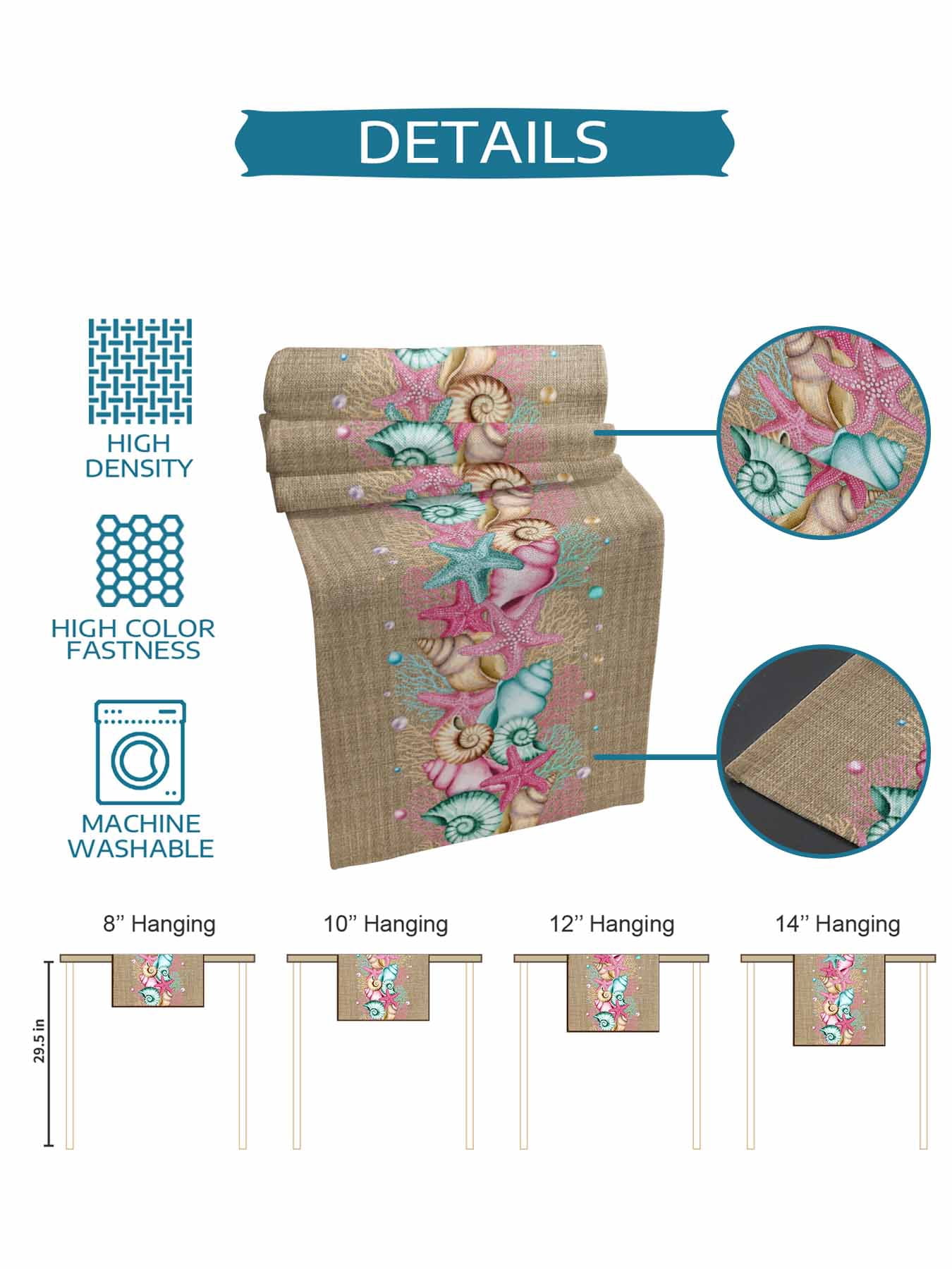 Summer Pink Table Runner, Starfish Shell Coral Beach Marine Life Brown Linen Washable Cotton-linen Table Runners Dining Kitchen Decoration for Everyday Home Wedding Party Decor, 13 x 90 Inch