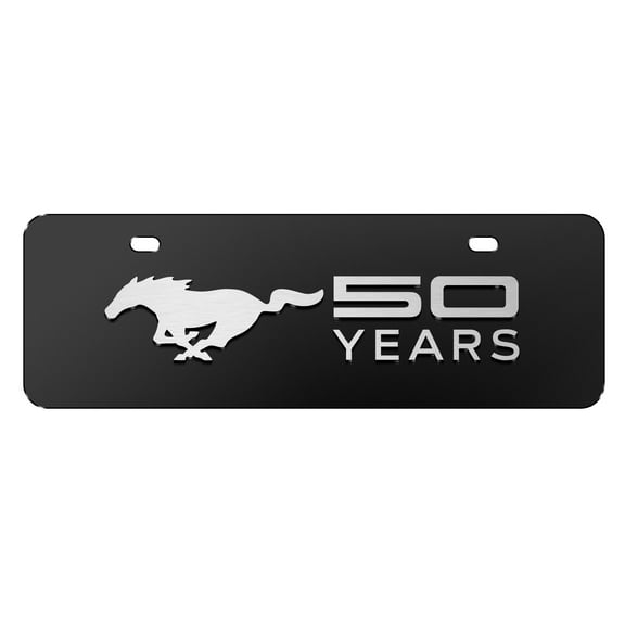 Ford Mustang 50 Years 3D Logo 12" x 4.25" European Look Black Half-Size Stainless Steel License Plate