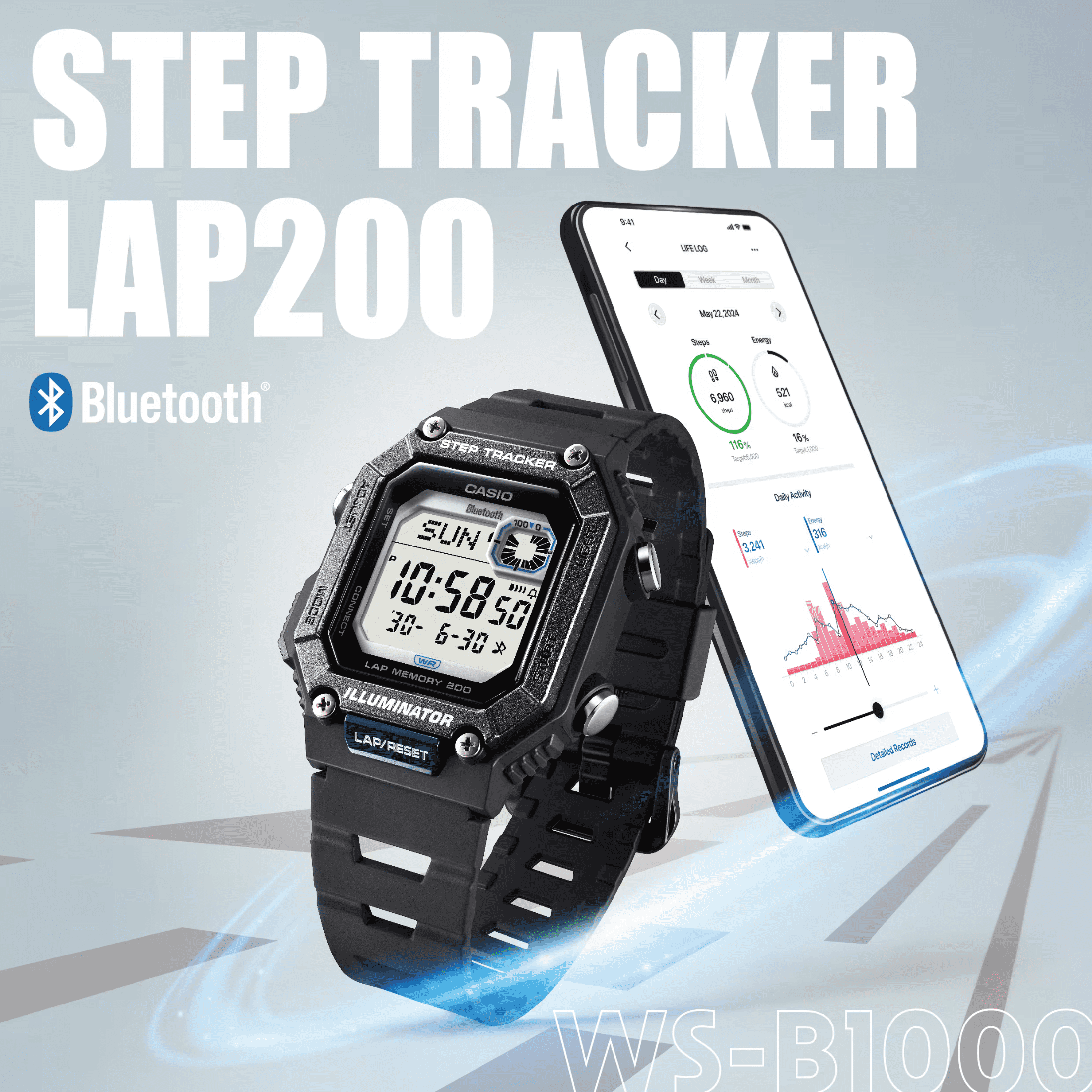 Casio Men's Step Tracker Watch WSB1000-1AV – Bluetooth, 200-Lap Memory, Calorie Counter, 100M Water Resistant, Black Resin