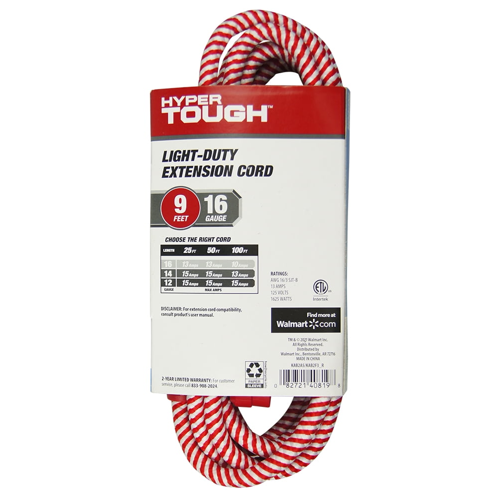Hyper Tough 3-Outlet 9 FT Fabric Candy Cane Extension Cord