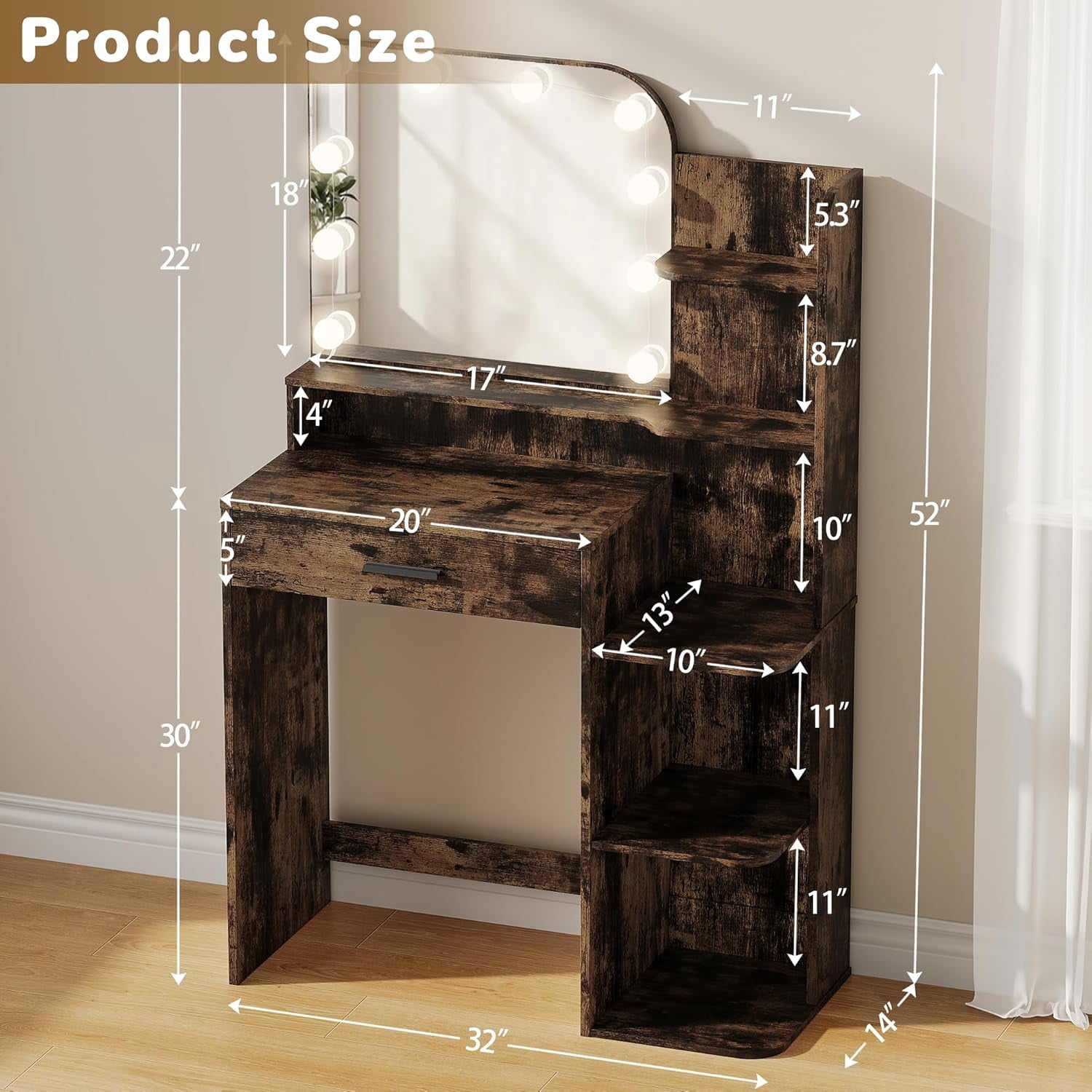 32" Makeup Vanity Desk with Mirror and Lights, 3 Lighting Colors, 5 Storage Shelves & Large Drawer, Brown Vanity Set for Bedroom, Girls and Women