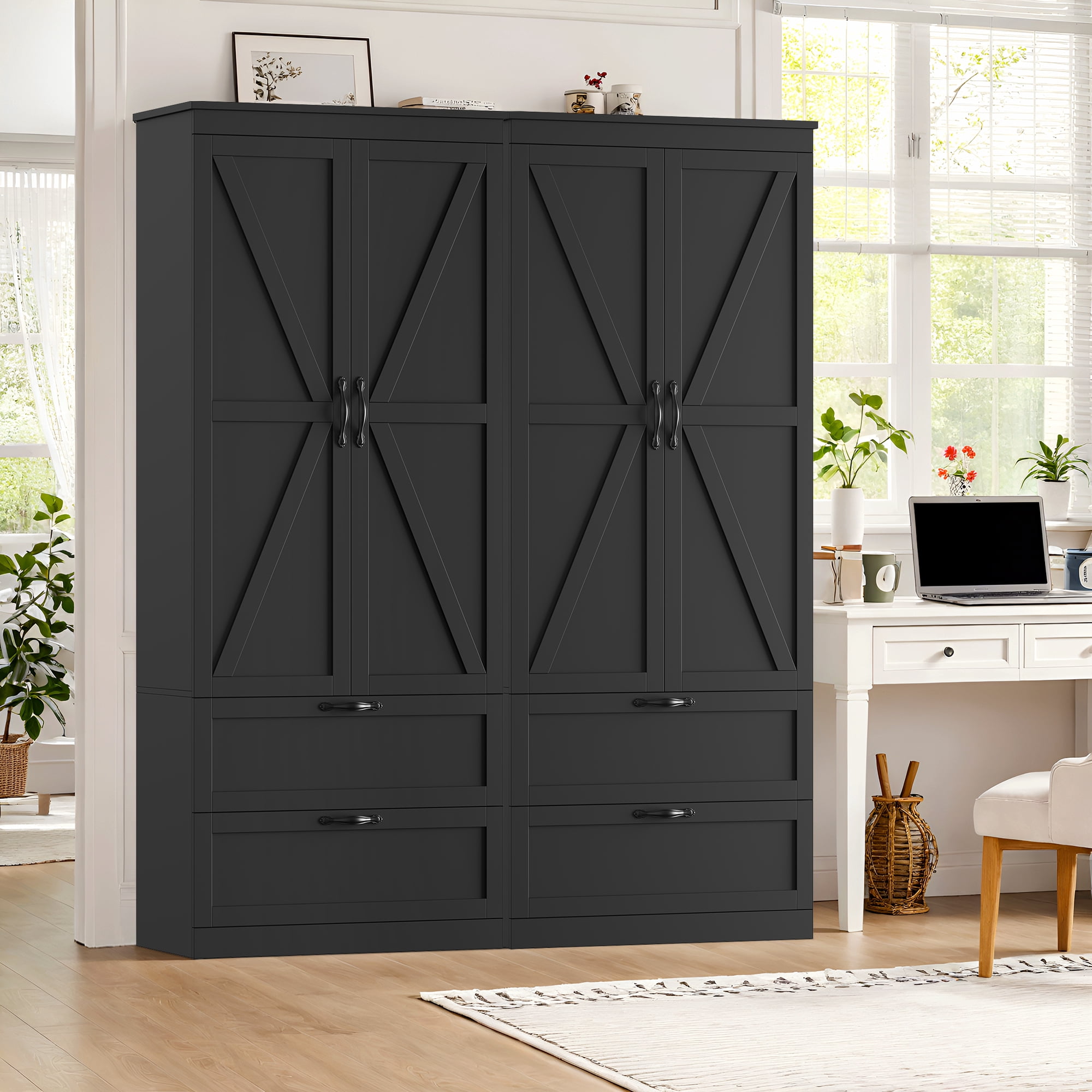 Homfa 70.3"H Bathroom Storage Cabinet, Farmhouse Linen Storage Cabinet with 2 Drawers, Black