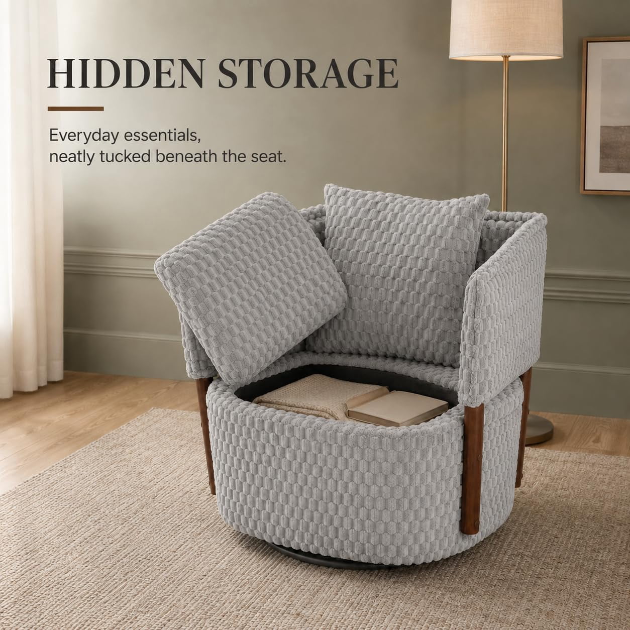 MOONIMSS 360°Swivel Accent Chair, Corduroy Vanity Chair with Storage,Gray