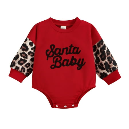 

Baby Girls Bodysuits Boys Girls Christmas Patchwork Leopard Prints Long Sleeve Letter Prints Pullover Romper Sweatshirt Bodysuits