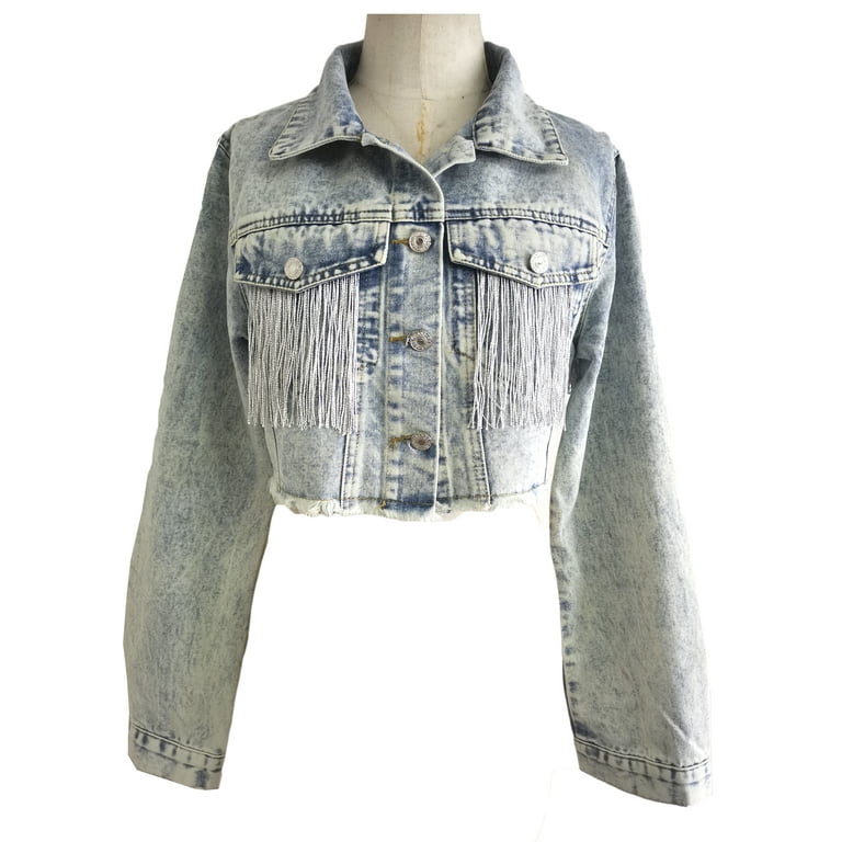 Women's Jacket Jeans Fringe Casual Buttons