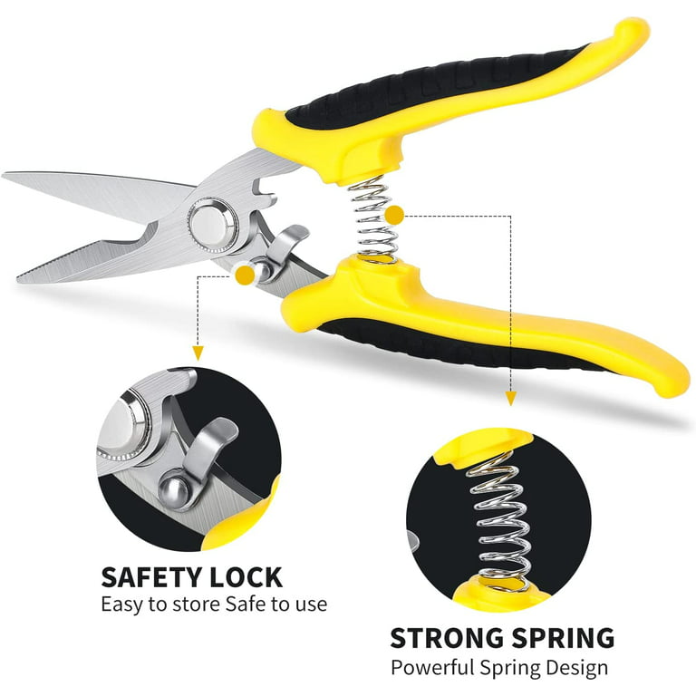Yellow Heavy Duty Scissors, Industrial Scissors, 8-inch Multipurpose,  Electrician Scissors -easy Cutting Cardboard And Recycle, Ergonomic Handle,  Stainless Steel Shears 
