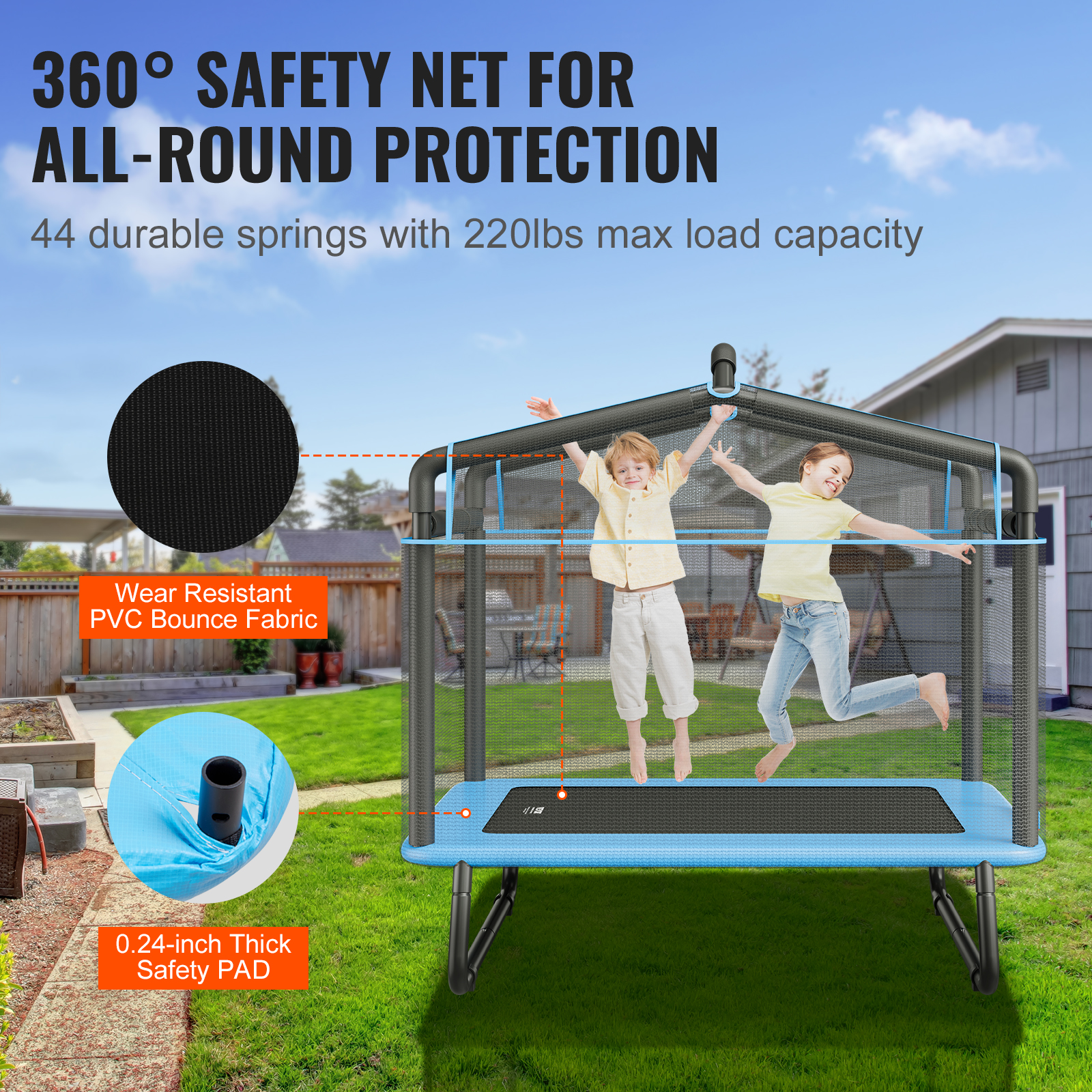 BENTISM Trampoline for Kids Toddlers with Enclosure Net Gymnastics Bar Hammock, Blue, 64.96" x 49.61" x 68.90"