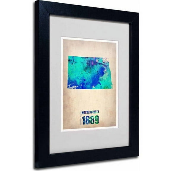 Trademark Fine Art "North Dakota Watercolor Map" Matted Framed Art by Naxart, Black Frame