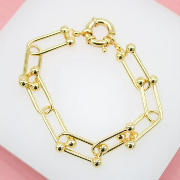 18K Gold Filled Paper Clip Bead Link Bracelet (I341)