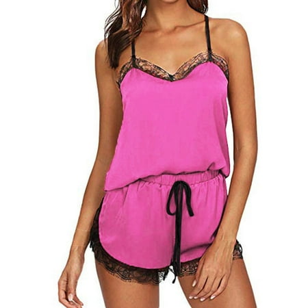 

Hxroolrp Lingerie for Womens Sleepwear Sleeveless Strap Nightwear Lace Trim Satin Cami Top Pajama Sets