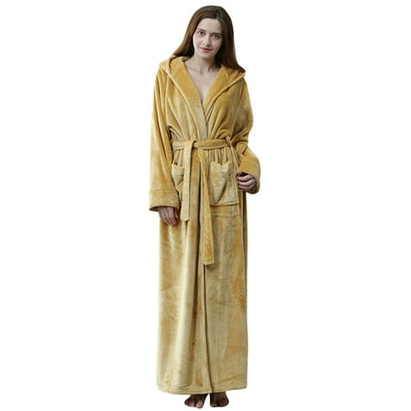 

Women Fleece Hooded Bathrobe Plush Long Sleeve Full Length Robe Soft Warm Shawl Collar Sleepwear Nightgown Robe with Pockets Cozy Holiday Vocation Housecoat Shower Bathrobe S-L Yellow