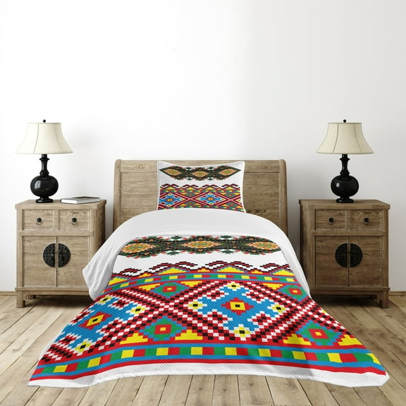 Ambesonne Ethnic Quilted Bedspread Set 2 Pcs, Retro Ukranian Ornament, Twin Size, Multicolor