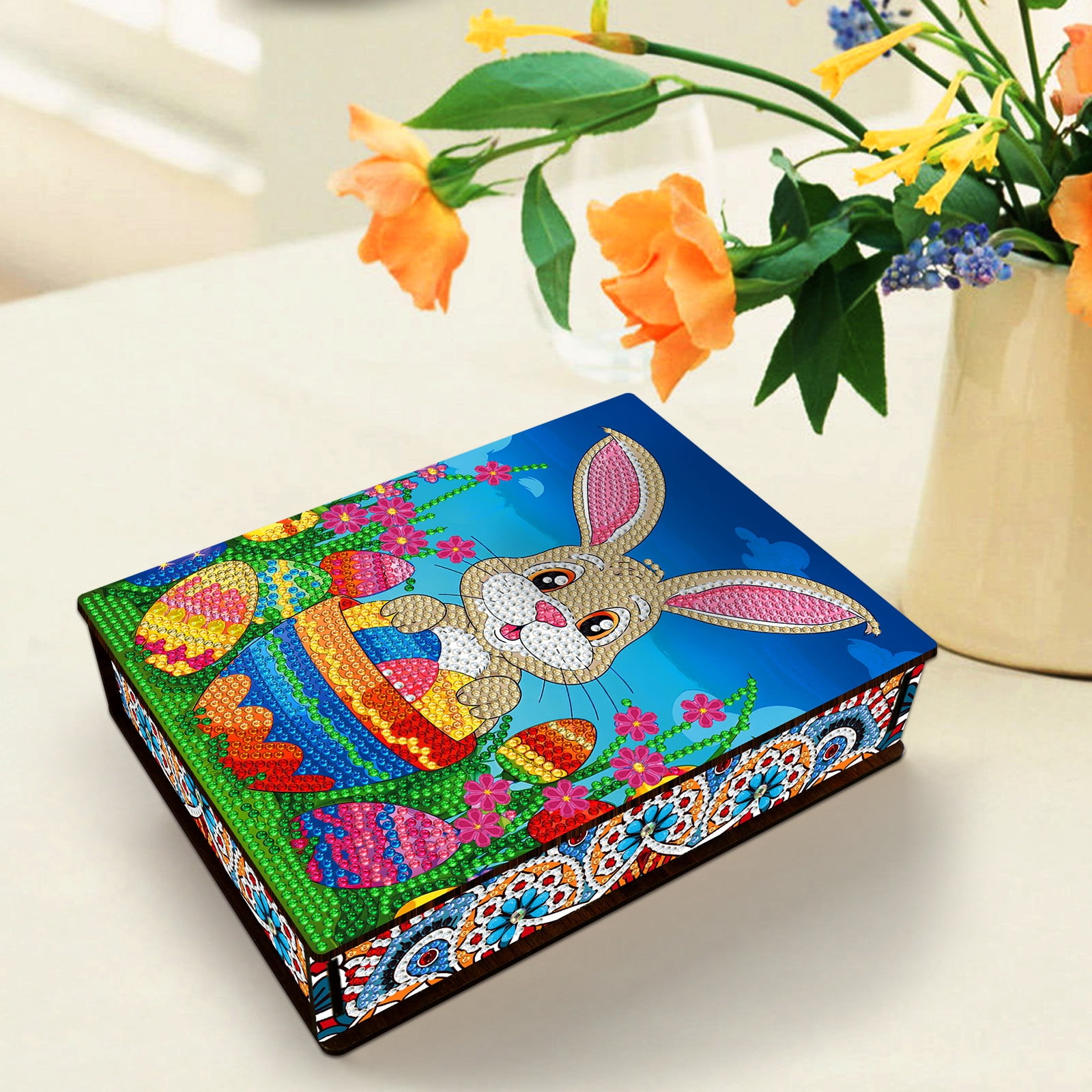 FLOPESN Easter Bunny Eggs DIY Diamond Art Painting Storage Box, Diamond Painting Large Capacity Holiday Storage Box placable jewelry, cosmetics, and small items